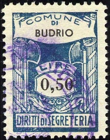 Marca da Bollo del Comune di BUDRIO su Carta Bianca di dimensioni 20 x 28,5 mm