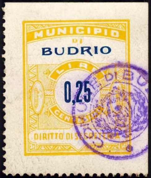 Marca da Bollo del Comune di BUDRIO su Carta Bianca di dimensioni 24 x 30 mm