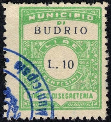 Marca da Bollo del Comune di BUDRIO su Carta Bianca di dimensioni 19,5 x 24,5 mm