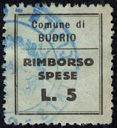 Marca da Bollo del Comune di BUDRIO su Carta Colorata di dimensioni 19,5 x 22 mm