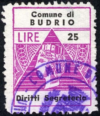Marca da Bollo del Comune di BUDRIO su Carta Bianca di dimensioni 22 x 28 mm