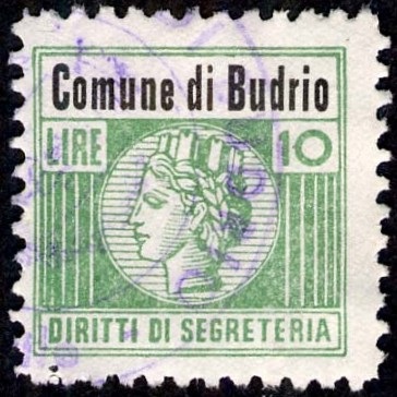 Marca da Bollo del Comune di BUDRIO su Carta Arancione di dimensioni 19,5 x 21 mm
