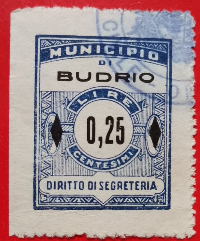Marca da Bollo del Comune di BUDRIO su Carta Bianca Sottile di dimensioni 21 x 29 mm