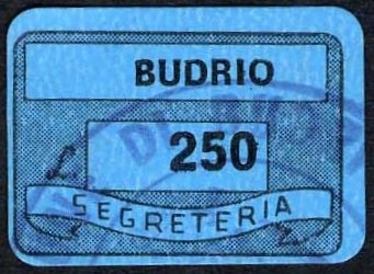Marca da Bollo del Comune di BUDRIO su Carta Colorata di dimensioni 19 x 14,5 mm