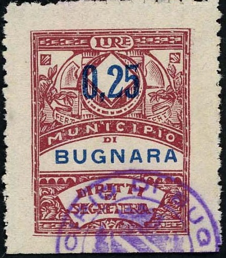 Marca da Bollo del Comune di BUGNARA su Carta Bianca di dimensioni 22 x 29 mm