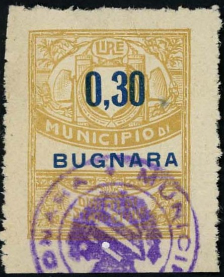 Marca da Bollo del Comune di BUGNARA su Carta Bianca di dimensioni 22 x 28,5 mm