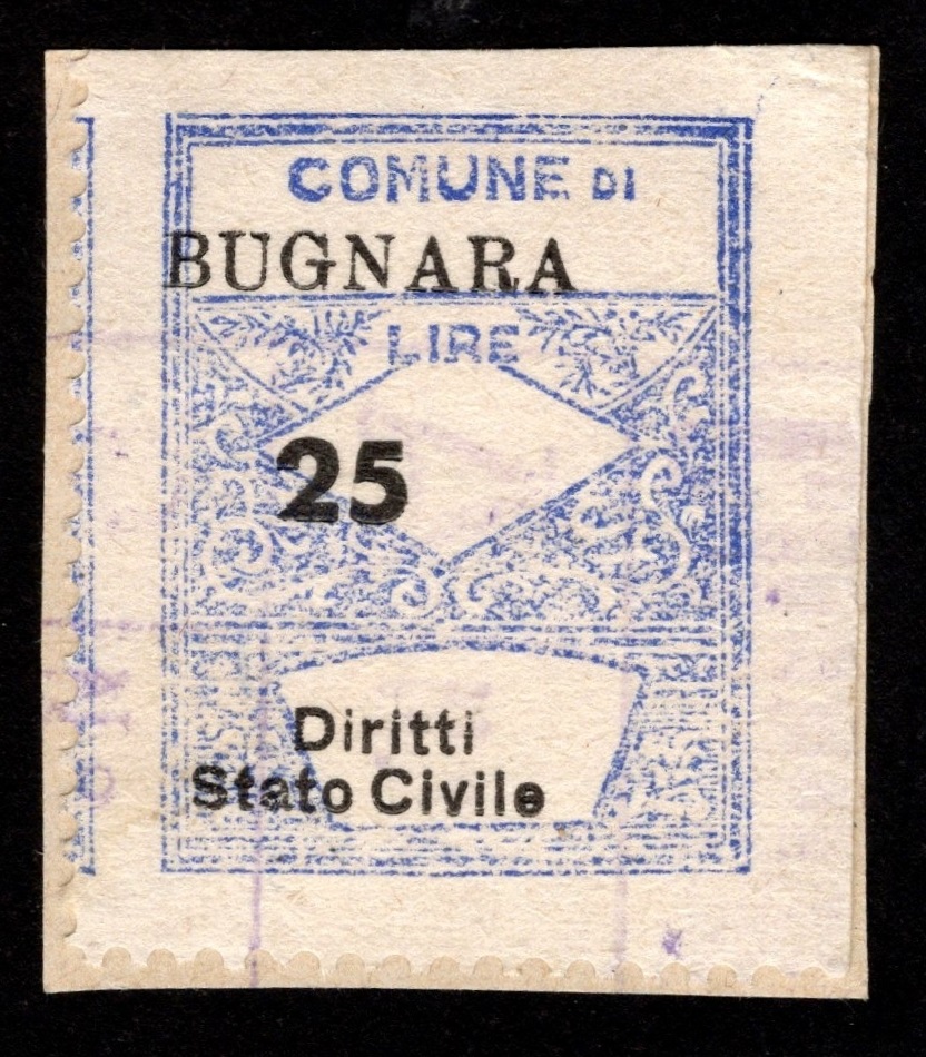 Marca da Bollo del Comune di BUGNARA su Carta Bianca di dimensioni 21 x 29 mm