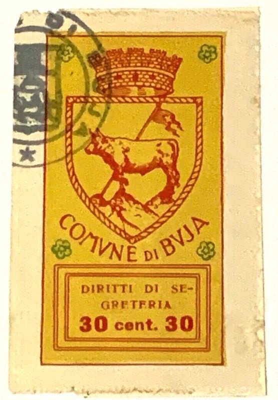 Marca da Bollo del Comune di BUJA su Carta Bianca Sottile di dimensioni 22,5 x 46 mm