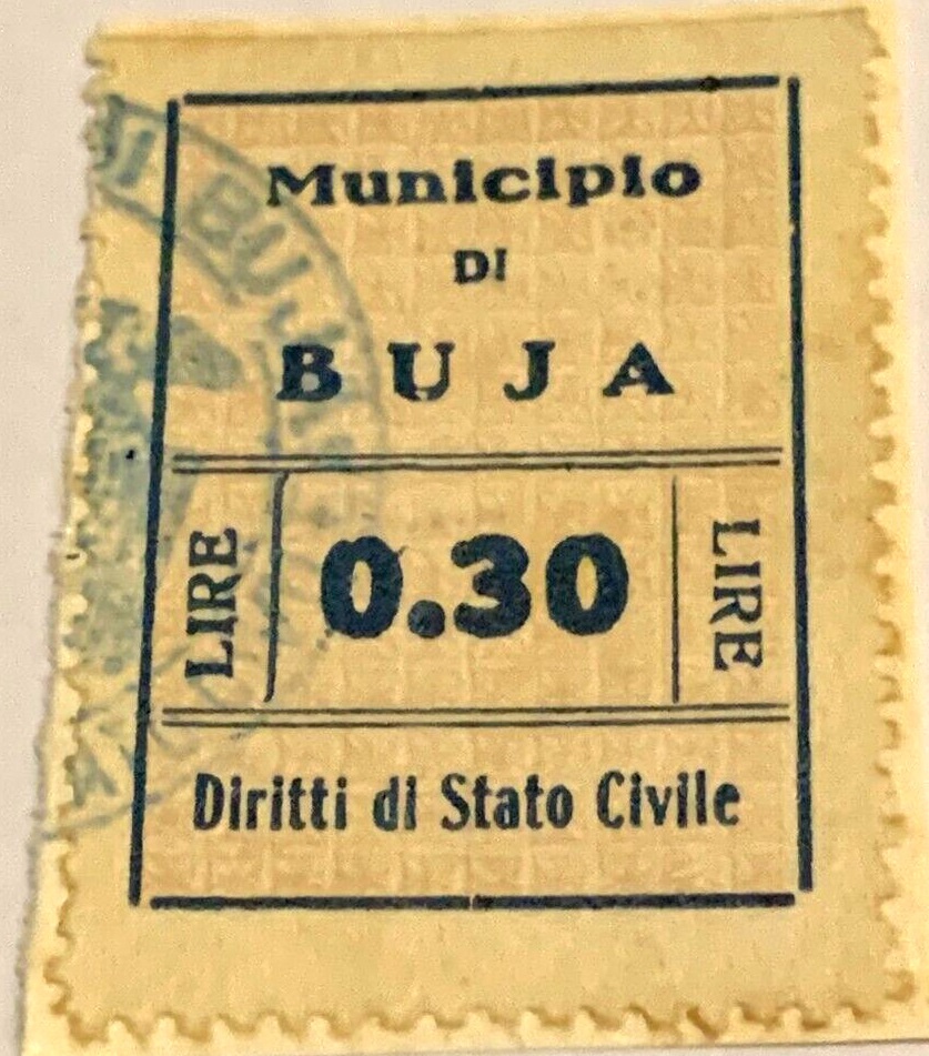 Marca da Bollo del Comune di BUJA su Carta Bianca Sottile di dimensioni 23 x 29 mm