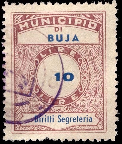 Marca da Bollo del Comune di BUJA su Carta Bianca Sottile di dimensioni 22 x 28 mm
