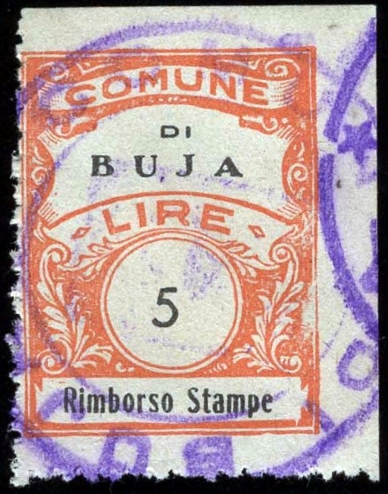 Marca da Bollo del Comune di BUJA su Carta Bianca Sottile di dimensioni 22 x 28 mm