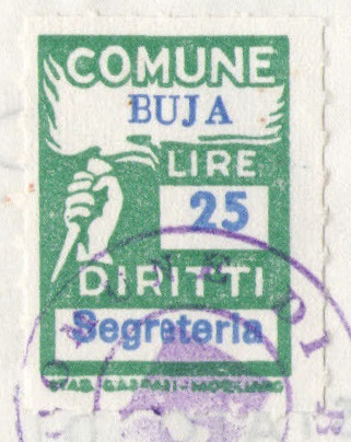 Marca da Bollo del Comune di BUJA su Carta Bianca Sottile di dimensioni 21 X 27 mm