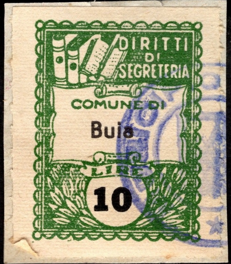 Marca da Bollo del Comune di BUJA su Carta Bianca Sottile di dimensioni 22 x 28 mm