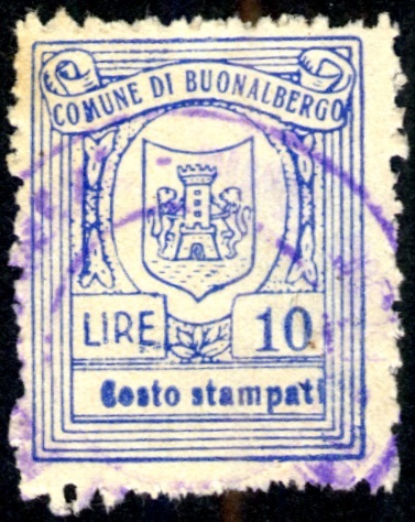Marca da Bollo del Comune di BUONALBERGO su Carta Bianca di dimensioni 20,5 x 26 mm