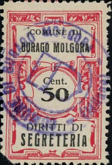 Marca da Bollo del Comune di BURAGO DI MOLGORA su Carta Bianca Sottile di dimensioni 22 x 30 mm