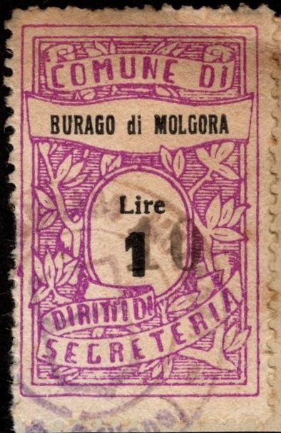 Marca da Bollo del Comune di BURAGO DI MOLGORA su Carta Bianca Sottile di dimensioni 22 x 30 mm
