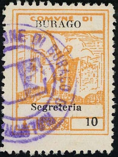 Marca da Bollo del Comune di BURAGO DI MOLGORA su Carta Bianca Sottile di dimensioni 22,5 x 29,5 mm