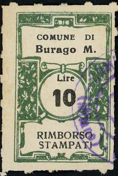 Marca da Bollo del Comune di BURAGO DI MOLGORA su Carta Bianca di dimensioni 22 x 31 mm