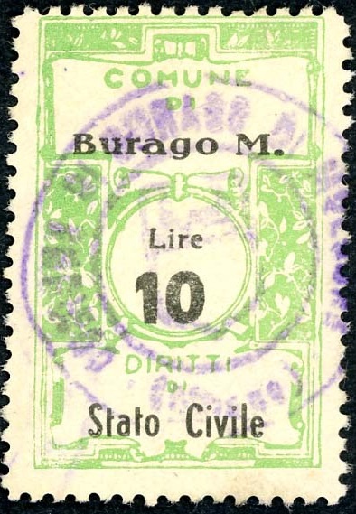 Marca da Bollo del Comune di BURAGO DI MOLGORA su Carta Bianca di dimensioni 22 x 31 mm
