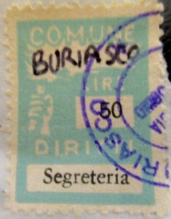 Marca da Bollo del Comune di BURIASCO su Carta Bianca di dimensioni 18,5 x 26 mm