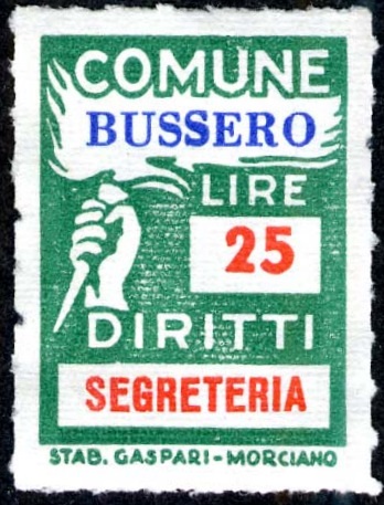 Marca da Bollo del Comune di BUSSERO su Carta Bianca di dimensioni 18,5 x 26 mm