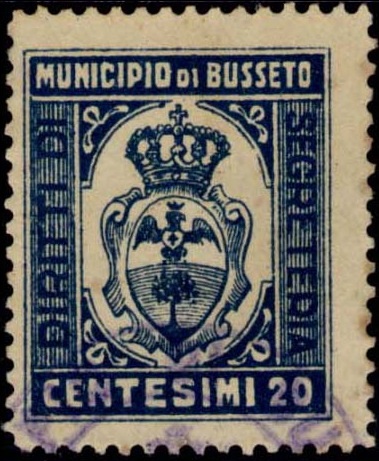 Marca da Bollo del Comune di BUSSETO su Carta Bianca Sottile di dimensioni 24 x 27 mm