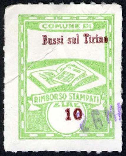 Marca da Bollo del Comune di BUSSI SUL TIRINO su Carta Bianca di dimensioni 22 x 29 mm