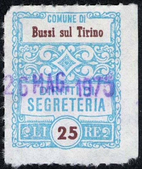 Marca da Bollo del Comune di BUSSI SUL TIRINO su Carta Bianca di dimensioni 23 x 34,5 mm