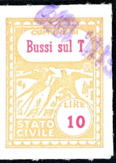 Marca da Bollo del Comune di BUSSI SUL TIRINO su Carta Bianca di dimensioni 22 x 29 mm