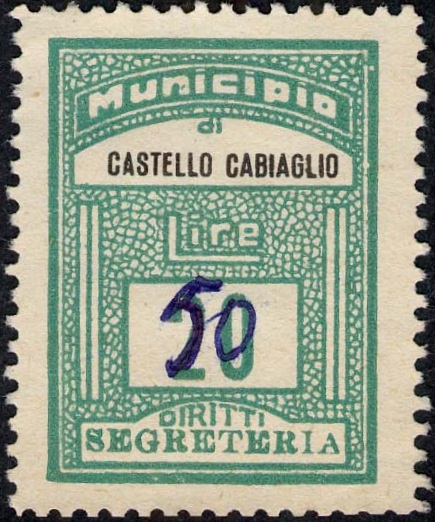 Marca da Bollo del Comune di CASTELLO CABIAGLIO su Carta Bianca di dimensioni 22 x 30 mm
