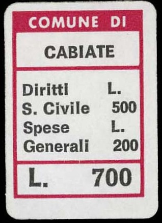 Marca da Bollo del Comune di CABIATE su Carta Bianca di dimensioni 18,5 x 25,5 mm