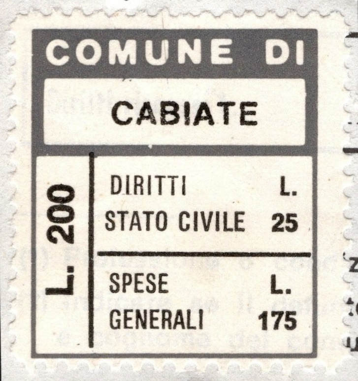 Marca da Bollo del Comune di CABIATE su Carta Bianca di dimensioni 17,5 x 25,5 mm