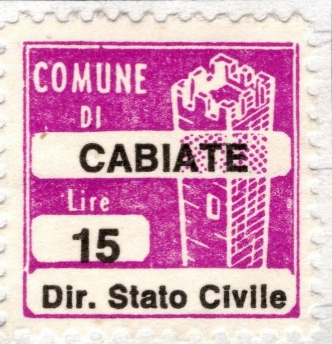 Marca da Bollo del Comune di CABIATE su Carta Bianca di dimensioni 17,5 x 25,5 mm