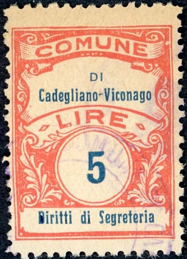 Marca da Bollo del Comune di CADEGLIANO VICONAGO su Carta Bianca Sottile di dimensioni 22,5 x 29 mm