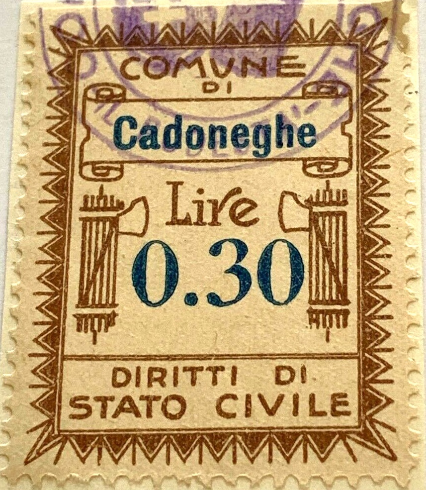 Marca da Bollo del Comune di CADONEGHE su Carta Bianca Sottile di dimensioni 27 x 35 mm