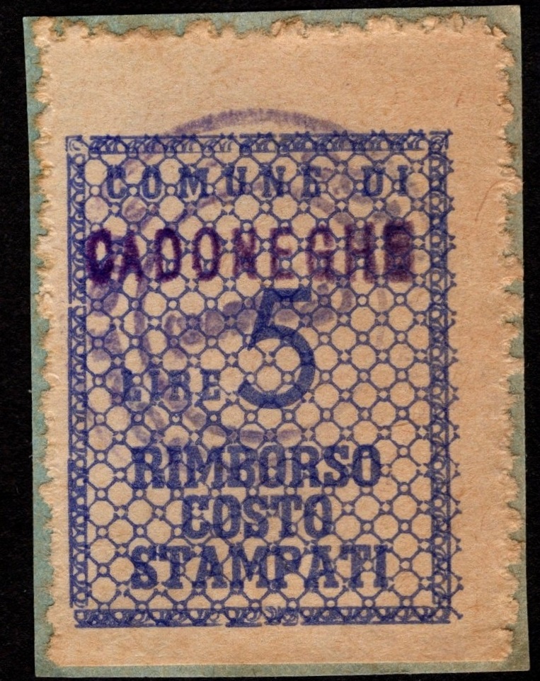 Marca da Bollo del Comune di CADONEGHE su Carta Bianca Sottile di dimensioni 27 x 35 mm