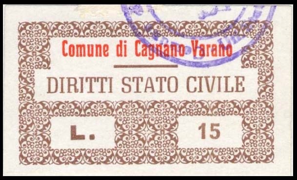 Marca da Bollo del Comune di CAGNANO VARANO su Carta Bianca di dimensioni 37 x 20,5 mm