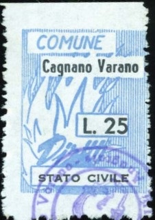 Marca da Bollo del Comune di CAGNANO VARANO su Carta Bianca di dimensioni 21 x 26 mm