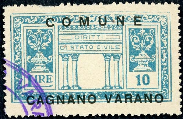 Marca da Bollo del Comune di CAGNANO VARANO su Carta Bianca di dimensioni 37 x 21 mm