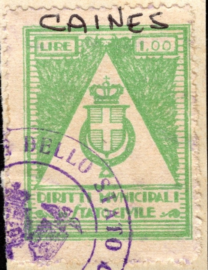Marca da Bollo del Comune di CAINES su Carta Bianca di dimensioni 21 x 29 mm