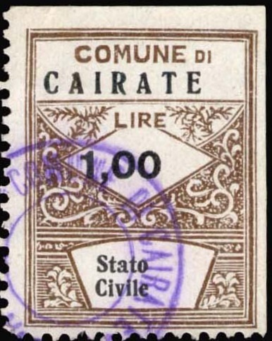 Marca da Bollo del Comune di CAIRATE su Carta Bianca Sottile di dimensioni 22 x 28 mm
