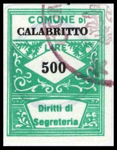 Marca da Bollo del Comune di CALABRITTO su Carta Bianca di dimensioni 21,5 x 28,5 mm