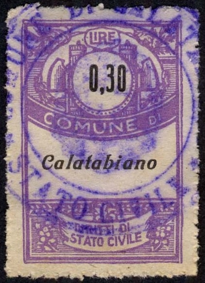 Marca da Bollo del Comune di CALATABIANO su Carta Bianca di dimensioni 22 X 33 mm