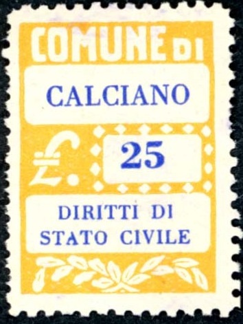 Marca da Bollo del Comune di CALCIANO su Carta Bianca Sottile di dimensioni 20 x 28,5 mm