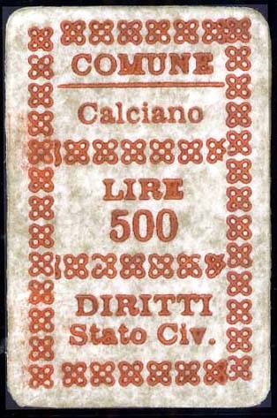 Marca da Bollo del Comune di CALCIANO su Carta Bianca di dimensioni 17,5 x 29 mm