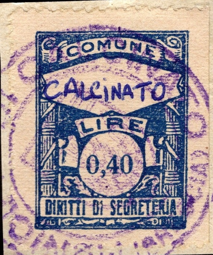 Marca da Bollo del Comune di CALCINATO su Carta Bianca di dimensioni 23 x 27 mm