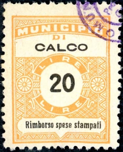 Marca da Bollo del Comune di CALCO su Carta Bianca di dimensioni 22,5 x 29 mm