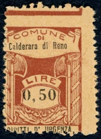 Marca da Bollo del Comune di CALDERARA DI RENO su Carta Bianca di dimensioni 19,5 x 28 mm