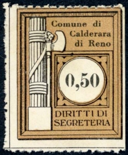 Marca da Bollo del Comune di CALDERARA DI RENO su Carta Bianca di dimensioni 24,5 x 30 mm