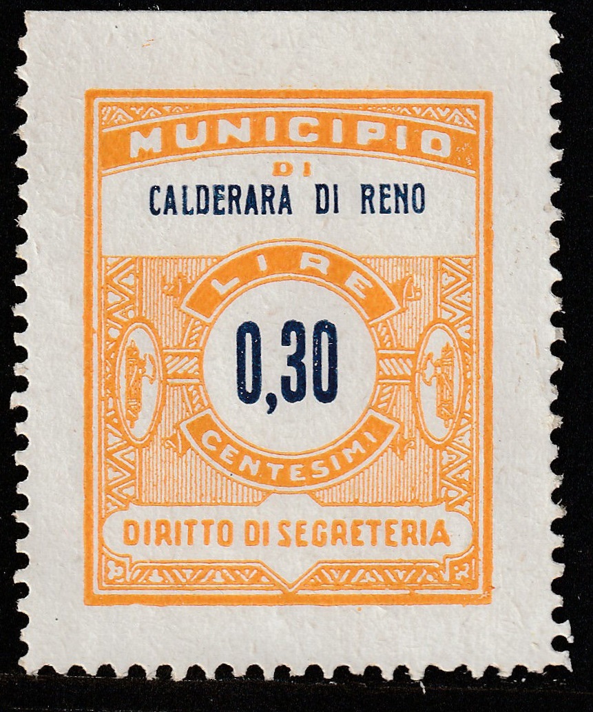 Marca da Bollo del Comune di CALDERARA DI RENO su Carta Bianca di dimensioni 24 x 30 mm